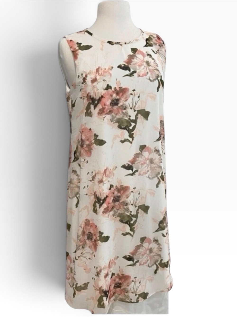Frank Lyman designer flowy dress floral pink ecru white sleeveless round neck 8